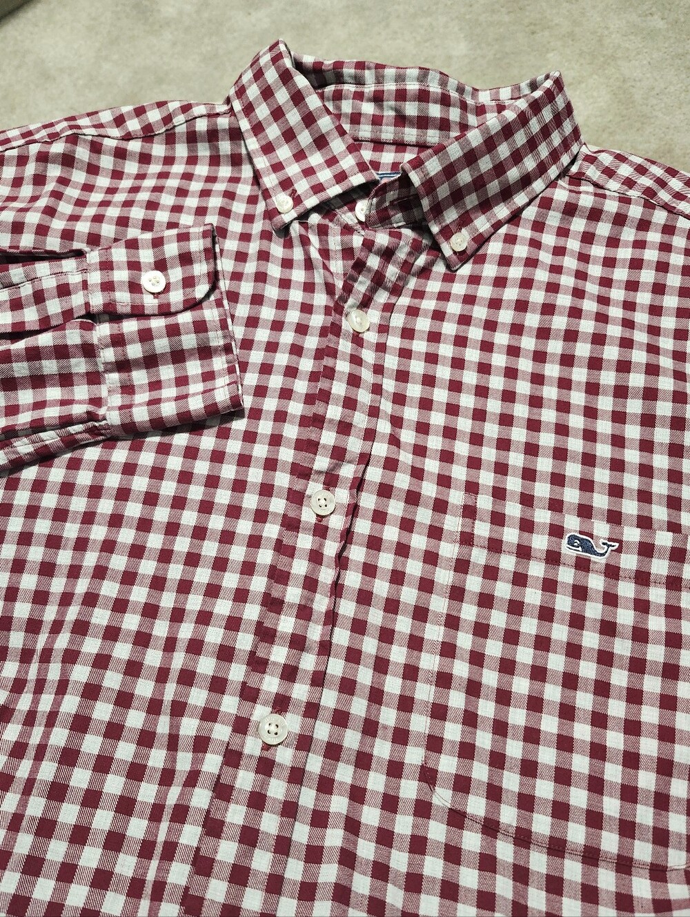 Vineyard Vines Men’s Burgundy and White Gingham Check 100% Cotton Tucker Fit XL